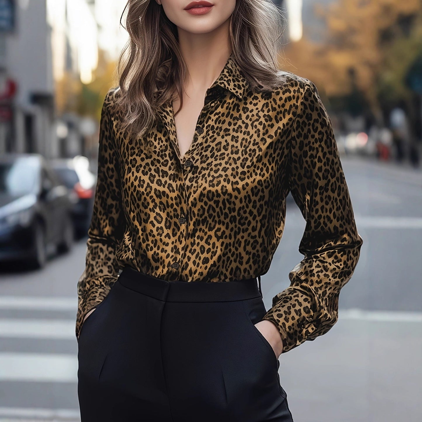 Glamorös satinblus med leopardmönster och smal silhuett
