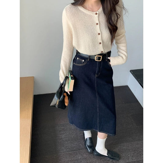 Elegant Denim Midi-Rock med Høj Talje og Flatterende Snit