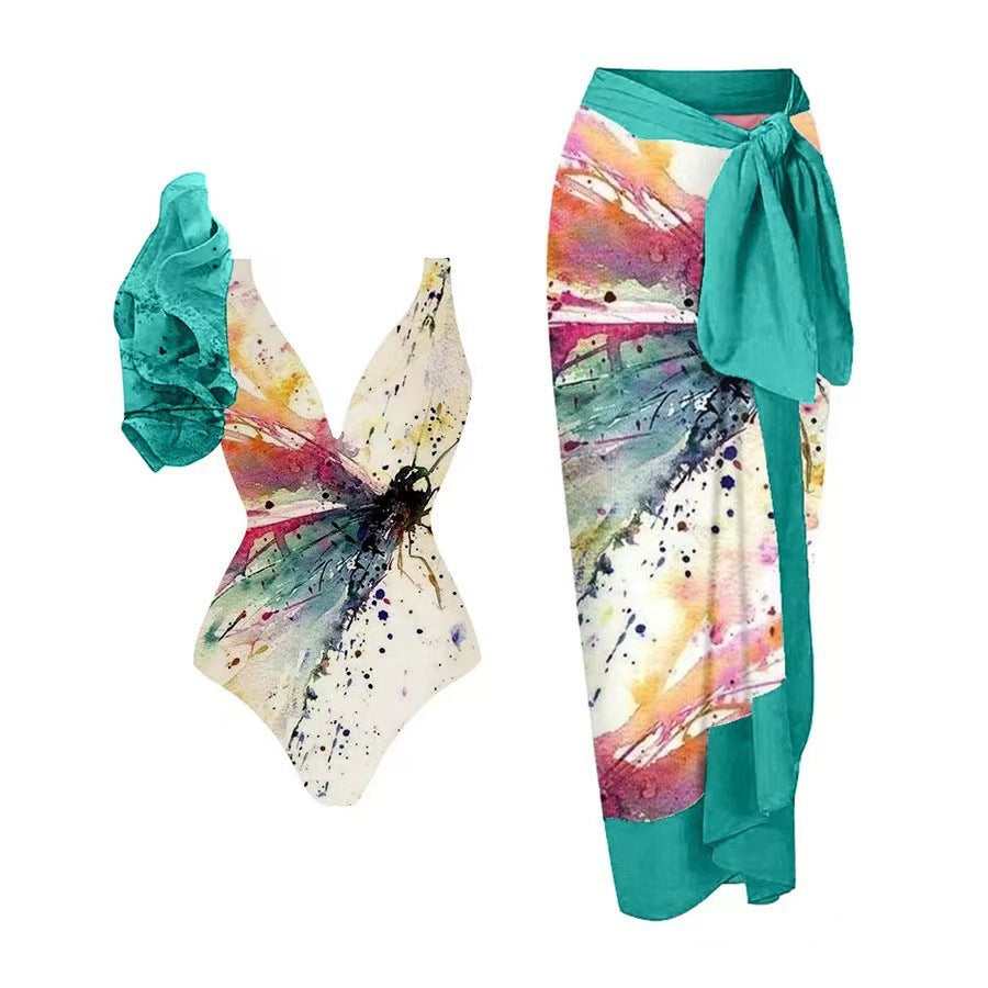 Kvinnors Baddräktset med Blommigt Mönster och Chic Sarong
