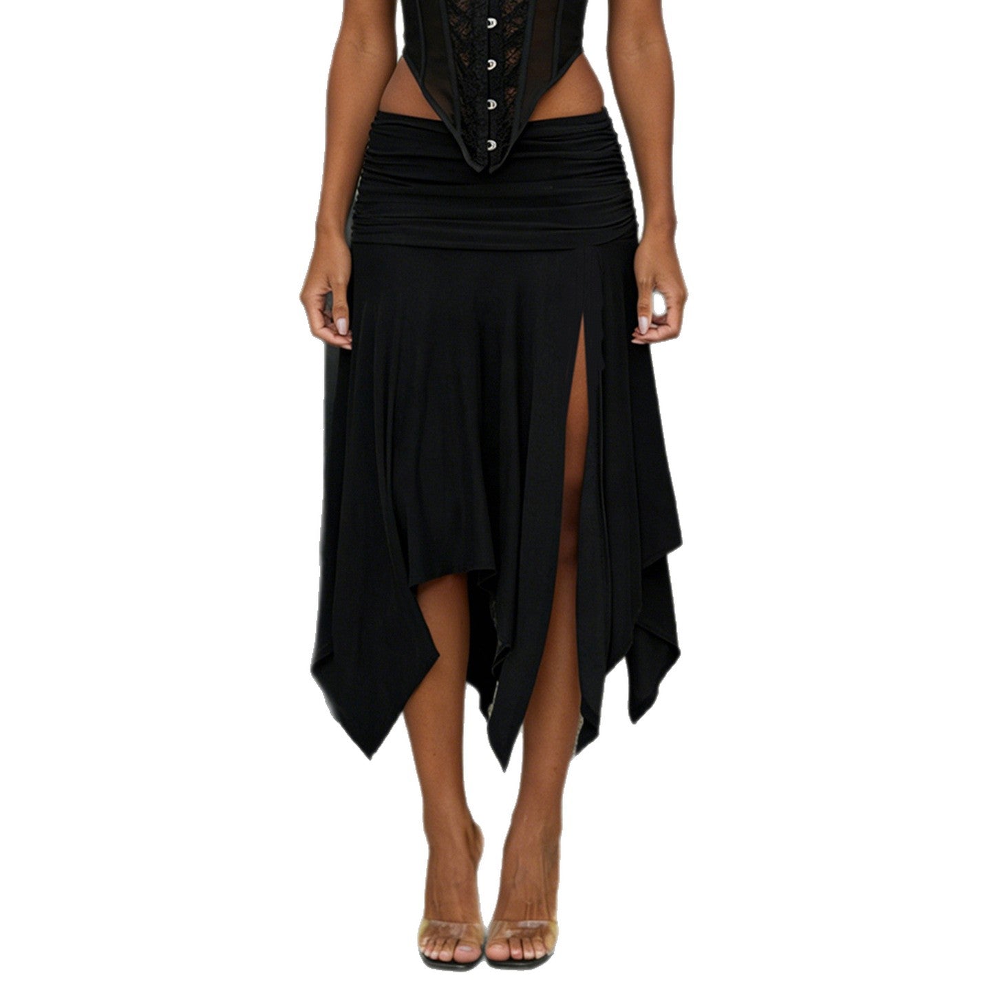 Snygg asymmetrisk midijurk med drapering