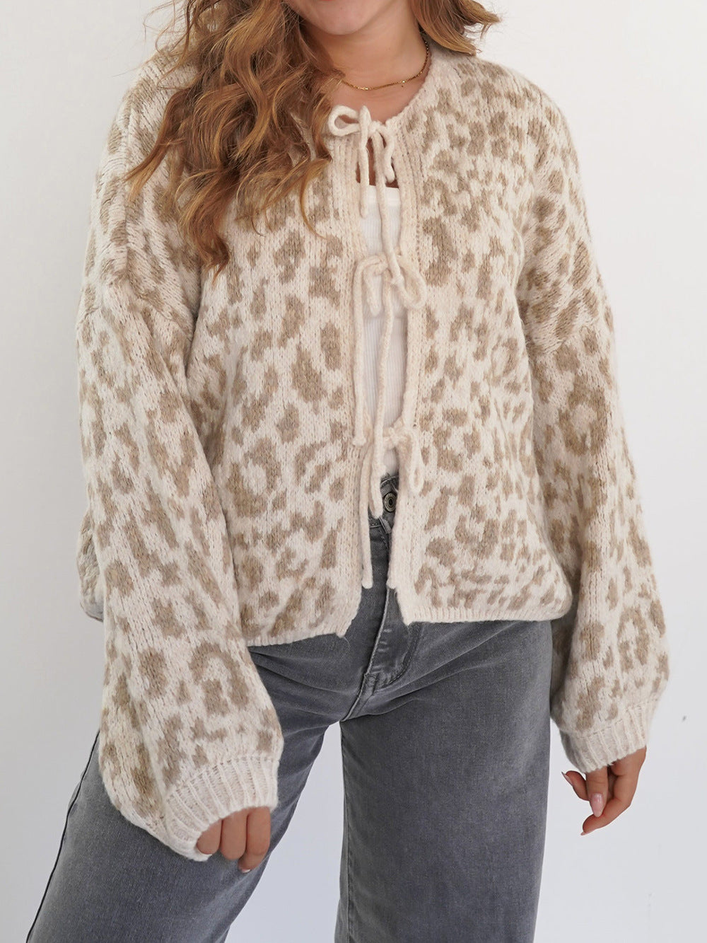 Elegant Cardigan med Dyreprint og Slidser i Bindebånd