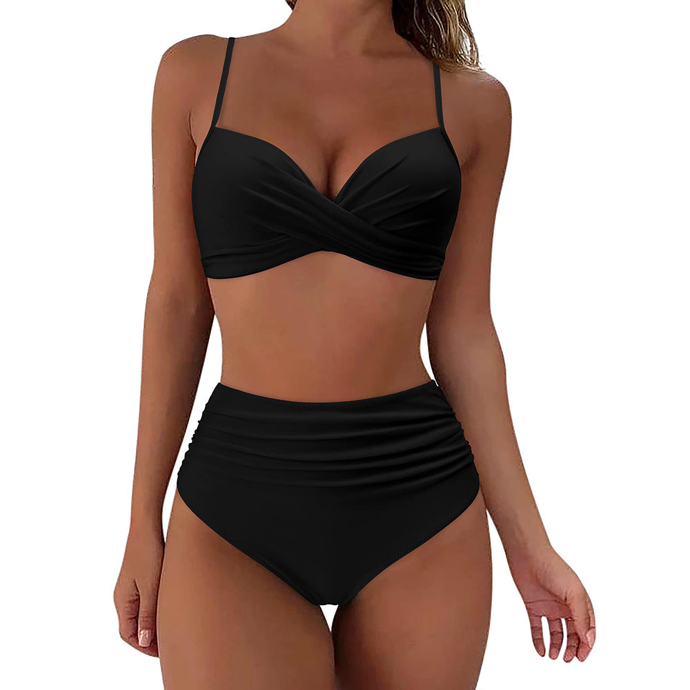 Högmidjad bikini-set för damer med mönster i tierdesign