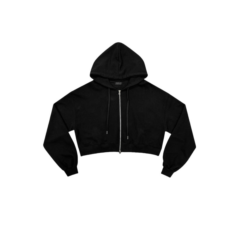 Modern cropped huvtröja för kvinnor med dragkedja och elastiska muddar