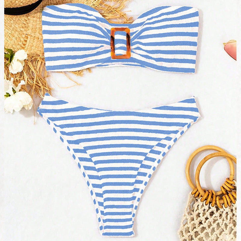 Stilren Bandeau-Bikini med Snygg Knytning och Högskuren Bottom