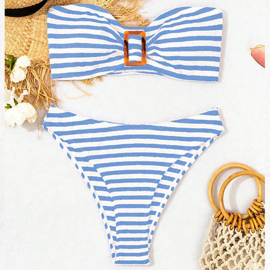 Stilren Bandeau-Bikini med Snygg Knytning och Högskuren Bottom