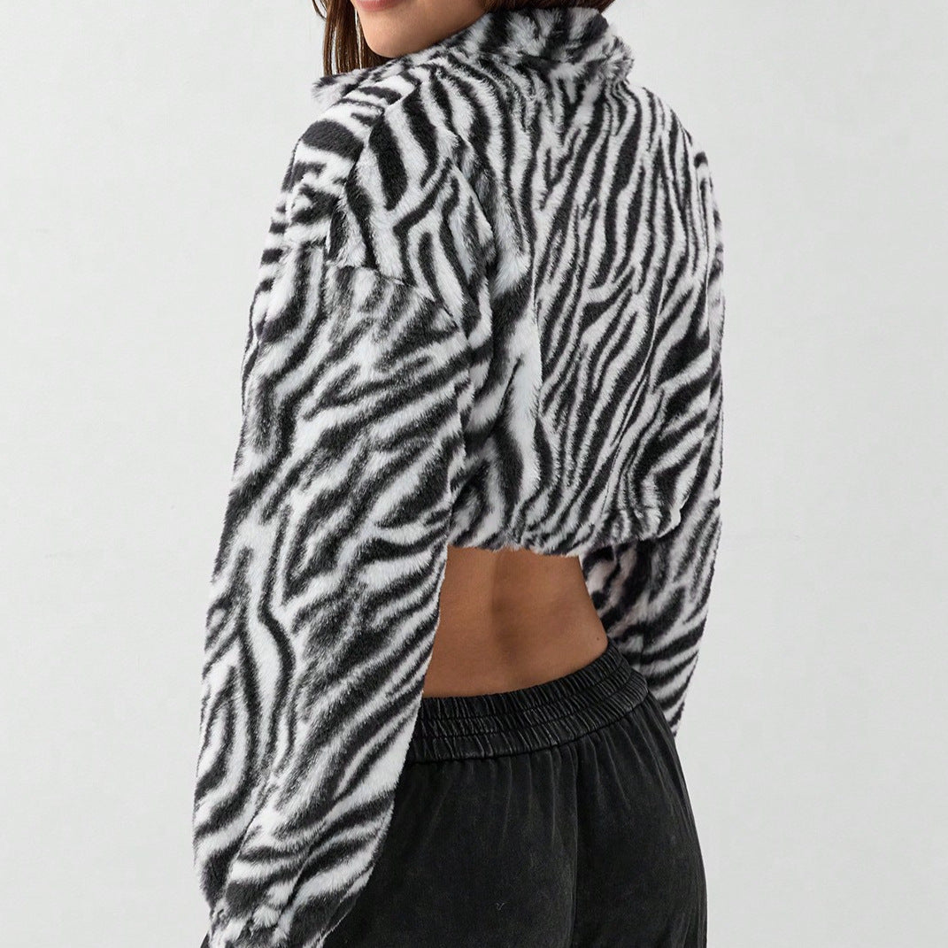 Moderne cropped Fleece-Jakke med zebra-mønster til damer