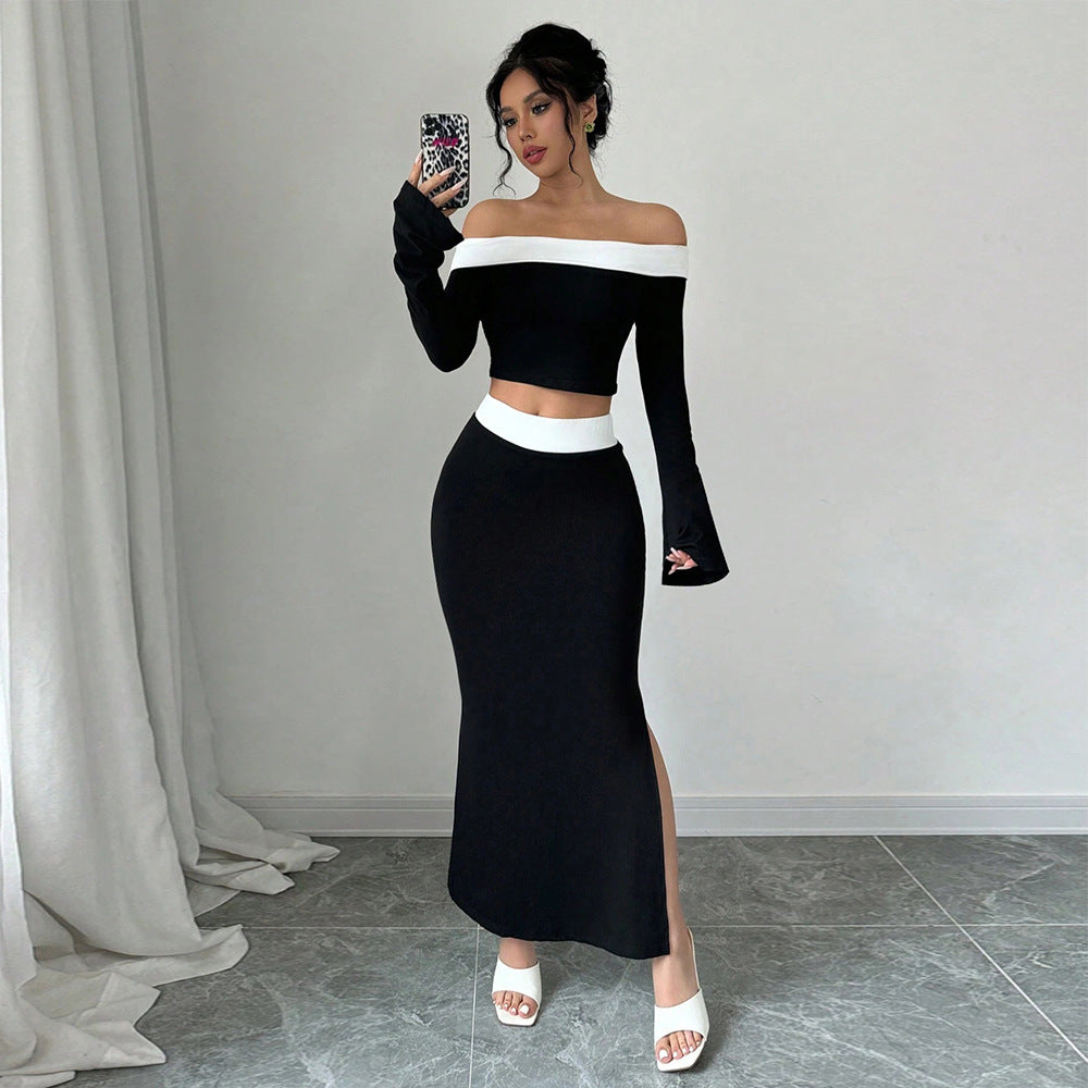 Feminin Crop-Top og Maxiskørt Sæt med Skulderfri Design