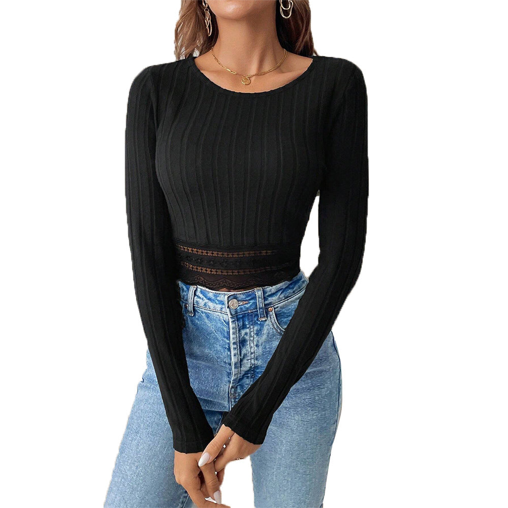 Elegant cropped langærmet top med fine spidsdetaljer