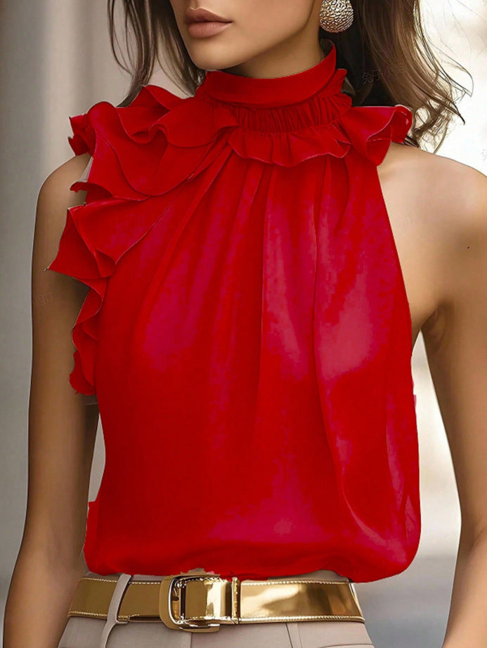 Feminine Bluse med Ruffles og Høj Krave