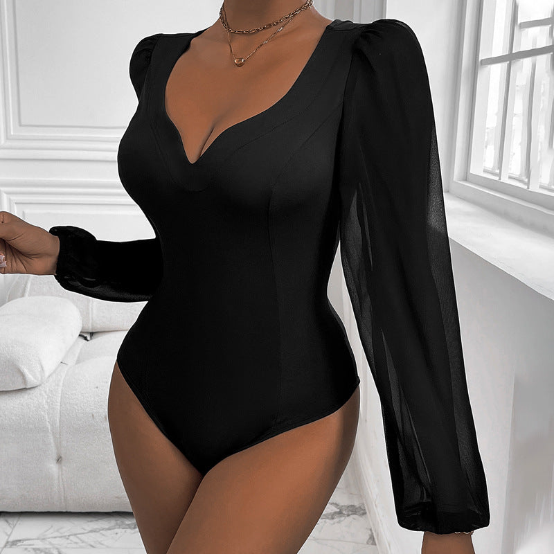 Elegant Body för Kvinnor med Läcker Puffärm och V-ringning