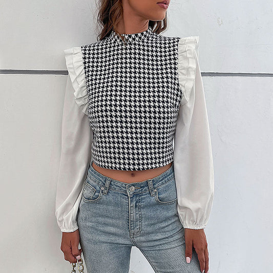 Elegant Crop-Top med Bløde Ærmer og Tidløst Ruteprint