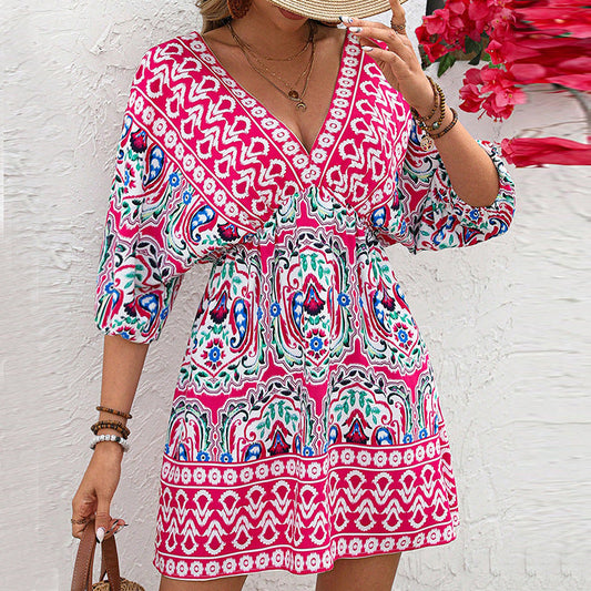 Elegant Boho-Kjole med Lette Ærmer og Blomsterprint