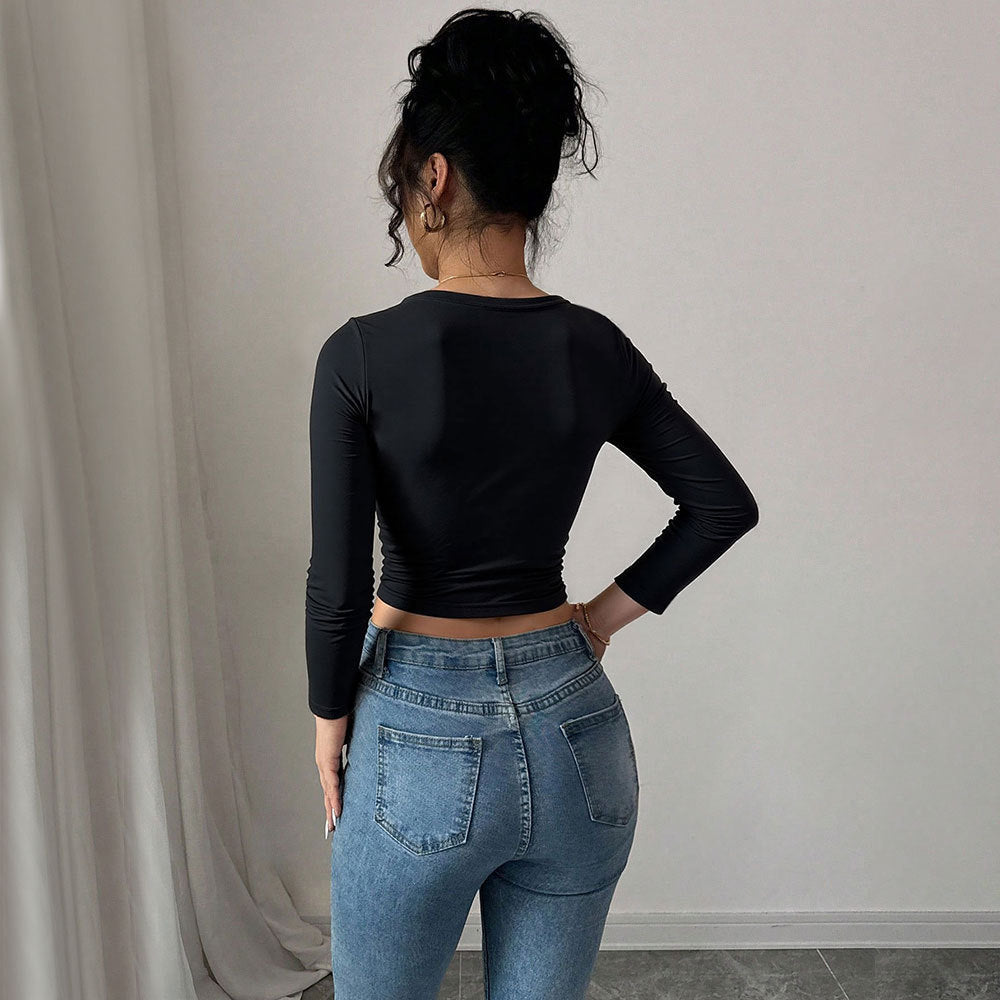 Elegant Crop-Bluse med Knytning og Lange Ærmer