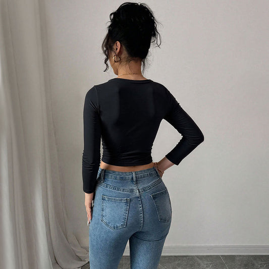 Elegant crop-blus med knytning och långa ärmar
