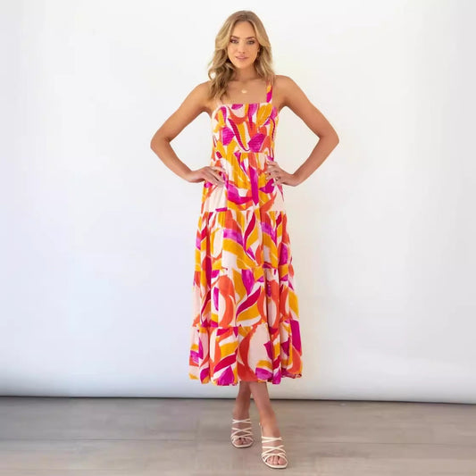 Feminint Maxikjole med Blomsterprint og Elastisk Top