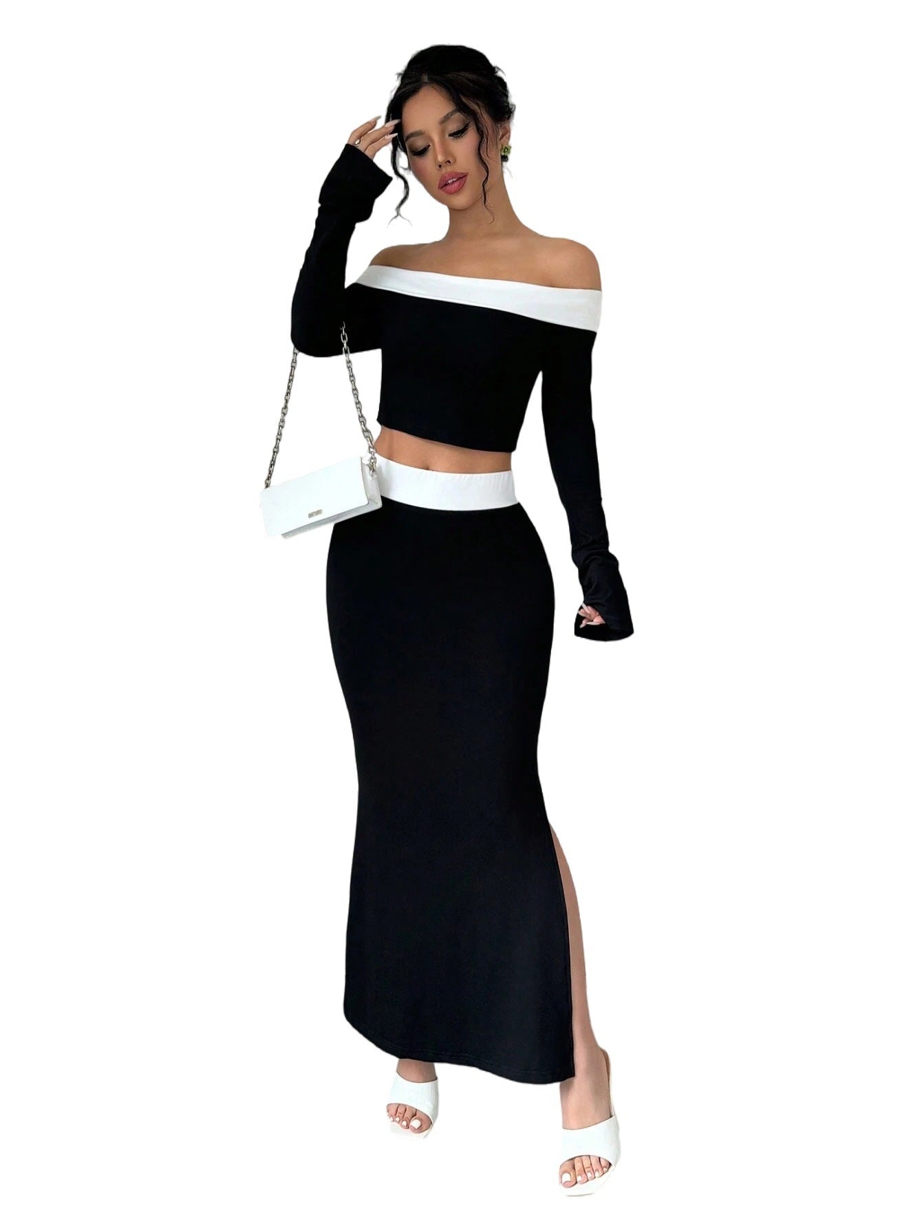 Feminin Crop-Top og Maxiskørt Sæt med Skulderfri Design