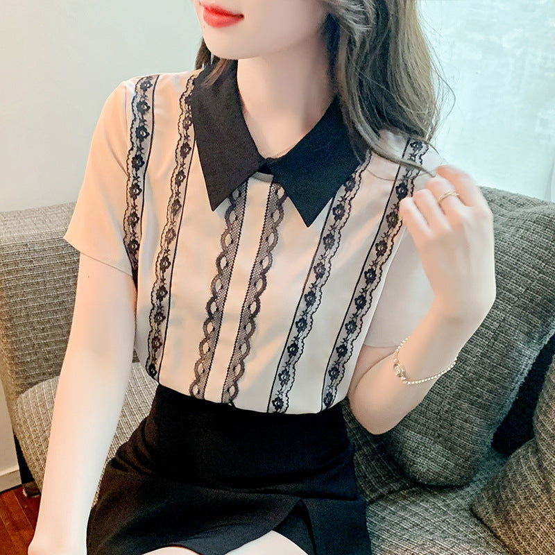 Feminine Bluse med Spidsdetaljer og Stribedesign