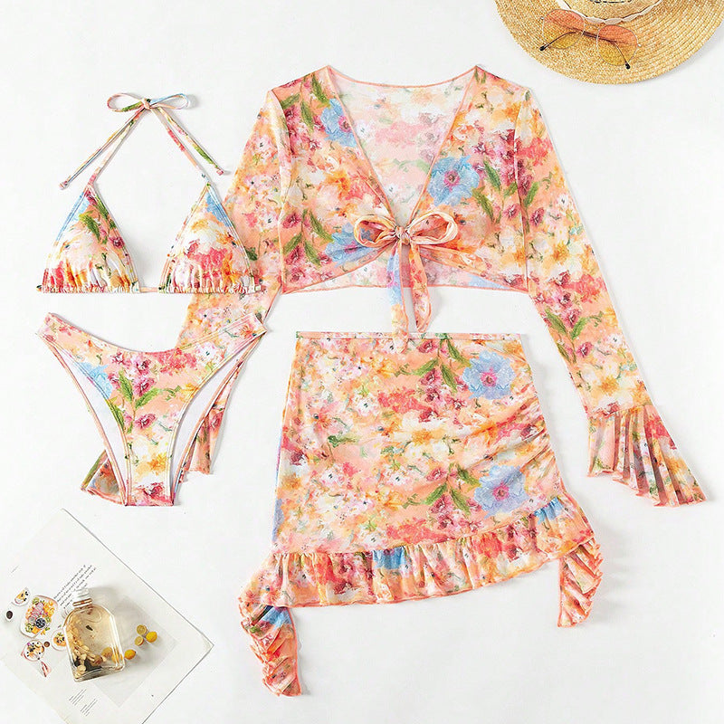 Blomstrande Bikiniset med Crop-Top och Ryschshorts