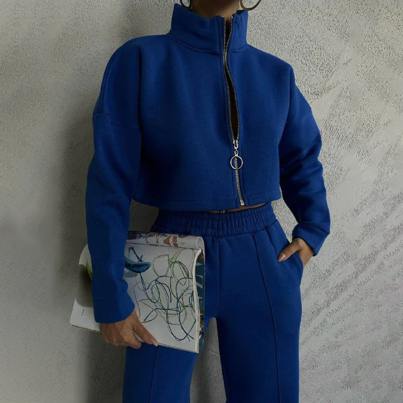Moderne cropped sweatshirtjakke med højt krave