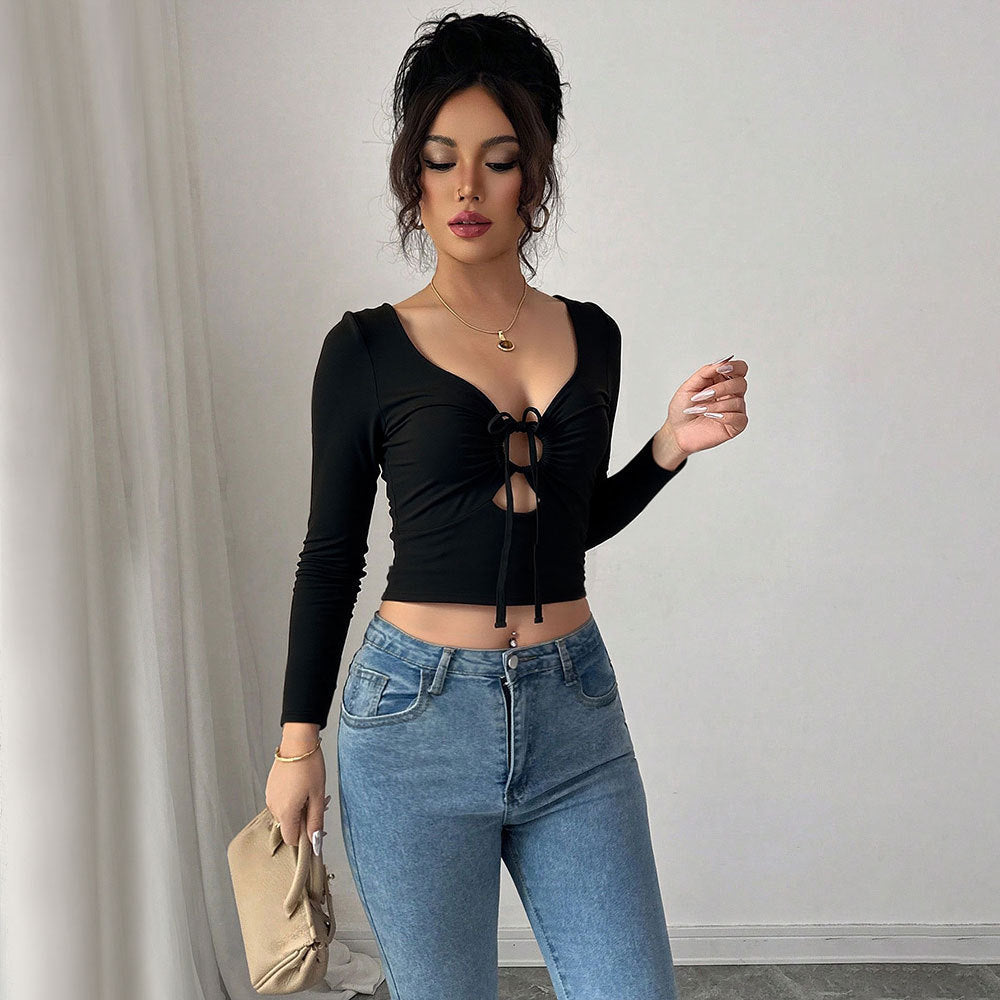 Elegant Crop-Bluse med Knytning og Lange Ærmer