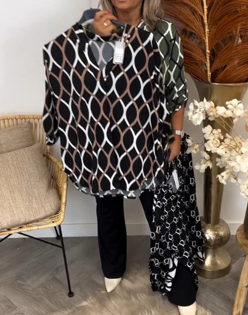Elegante Bluse med grafisk design og praktiske lommer