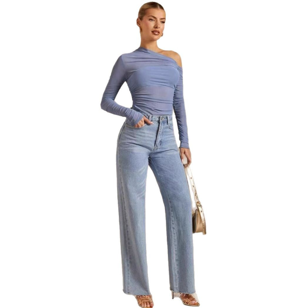 Asymmetrisk Body med Draperingar och Långa Ärmar