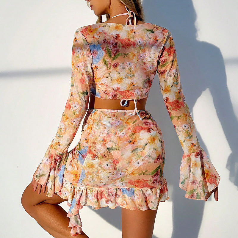 Blomstrande Bikiniset med Crop-Top och Ryschshorts