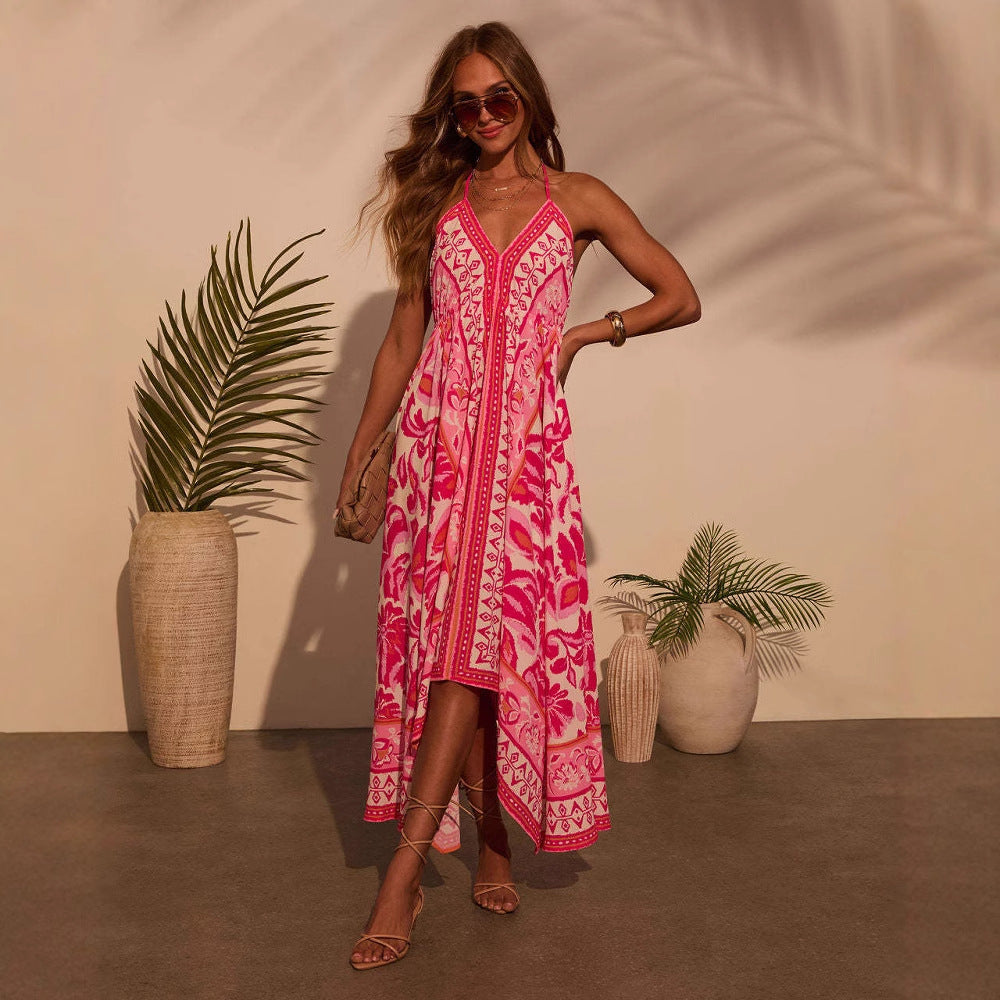 Feminint Maxikjole med V-hals og elegant asymmetrisk snit