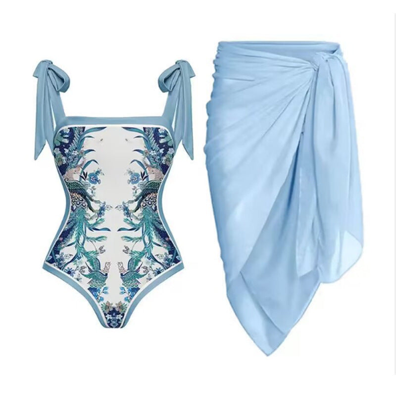 Elegant Baddräktset med Blommönster och Matchande Strandbyxor