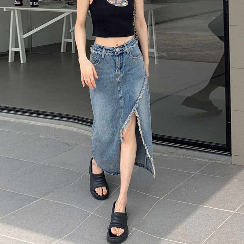 Asymmetrisk Denim Midi-Rock til Modebevidste Kvinder