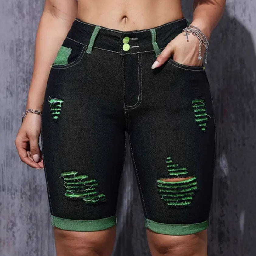 Styliske Denim-Shorts til kvinder med høj talje og neon-detaljer