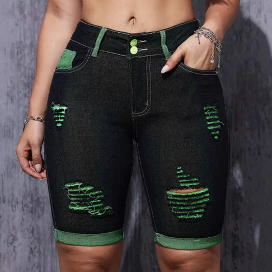 Snygga Denimshorts för kvinnor med hög midja och neon-detaljer