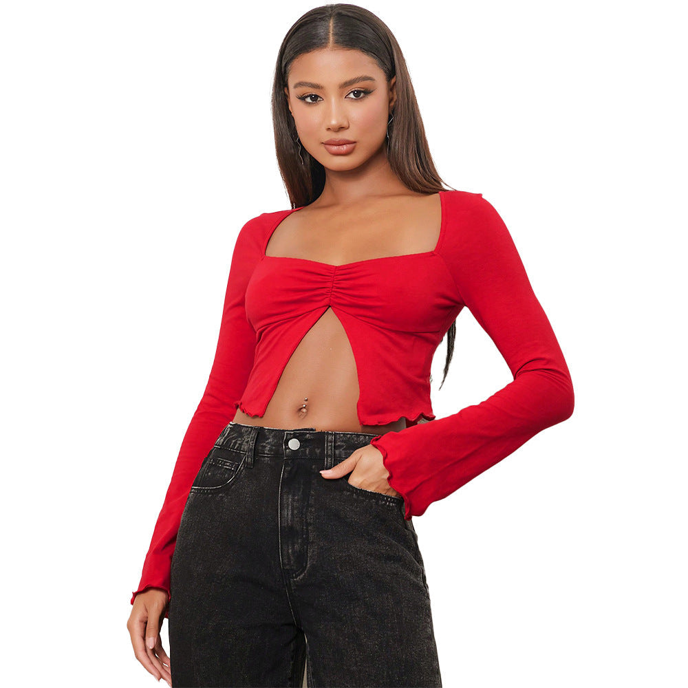 Chic Crop-Bluse med Elegant Drapering og Långa Ærmer