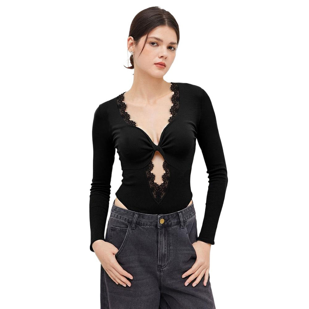 Elegant Bodysuit med dyb V-udskæring og delikat blonder