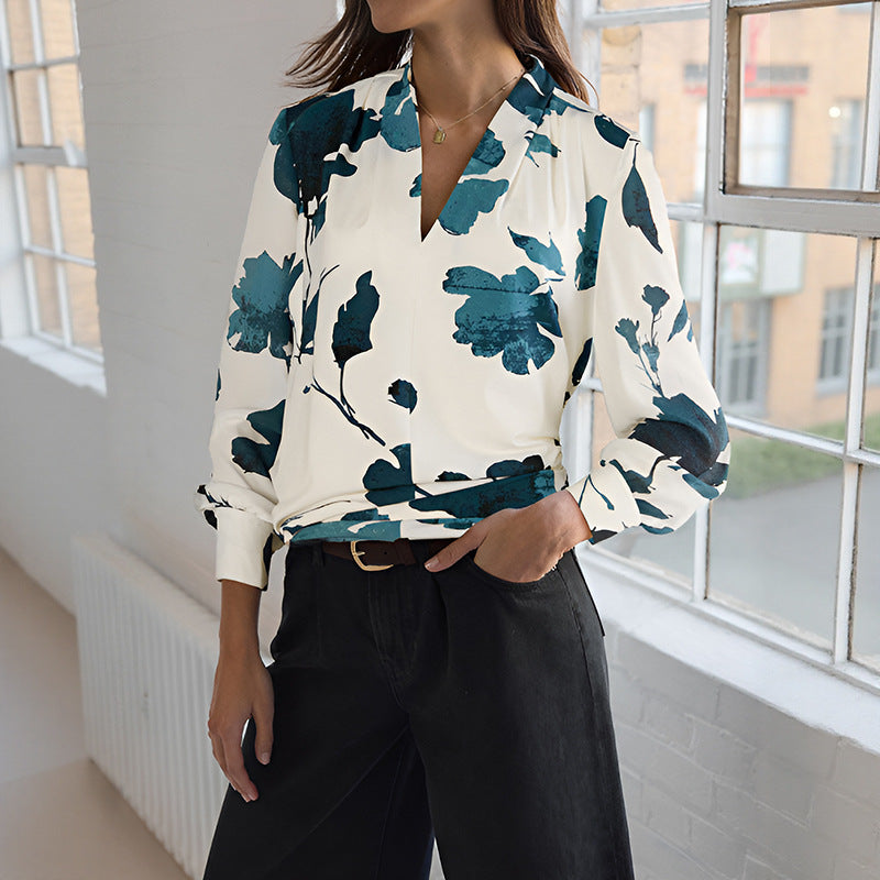 Blomstret Bluse med Moderne Krave til Stilfulde Kvinder