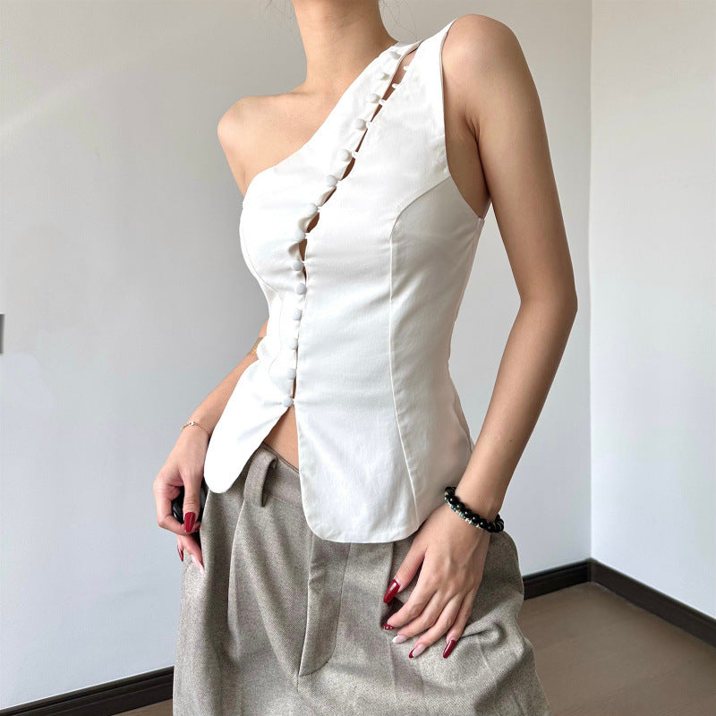 Asymmetrisk Blus med Knappdetaljer för Stilmedvetna