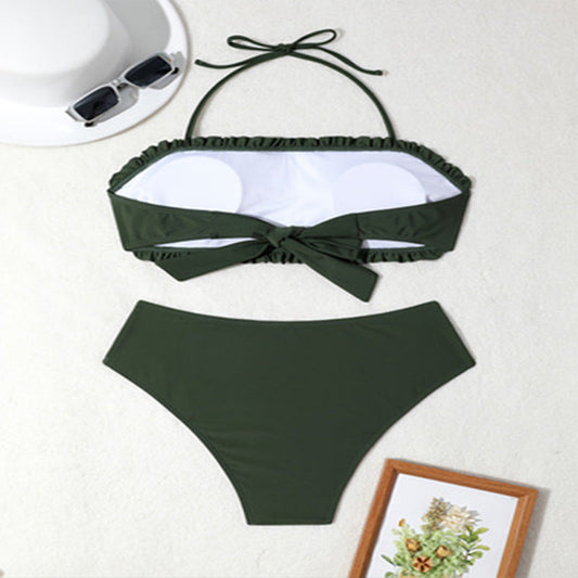 Stilrent Bandeau-Bikini med Rynkdetaljer och Justerbara Band