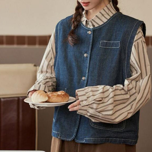 Stilfuld Denim Vest til Kvinder med Knapper og Lommer
