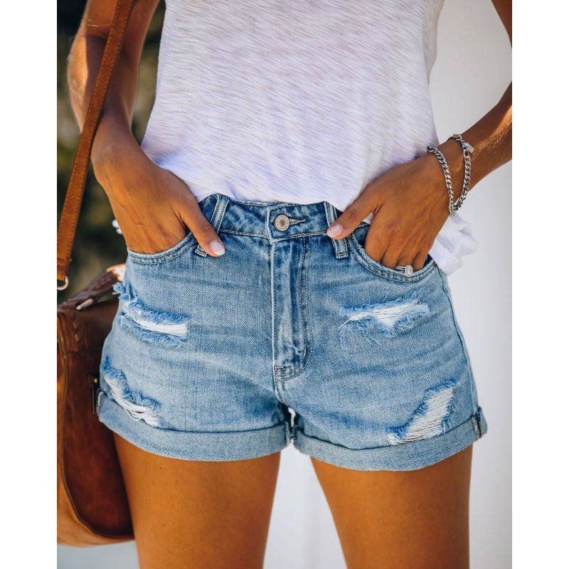 Moderne Højtaljede Denim Shorts med Frayed Detaljer