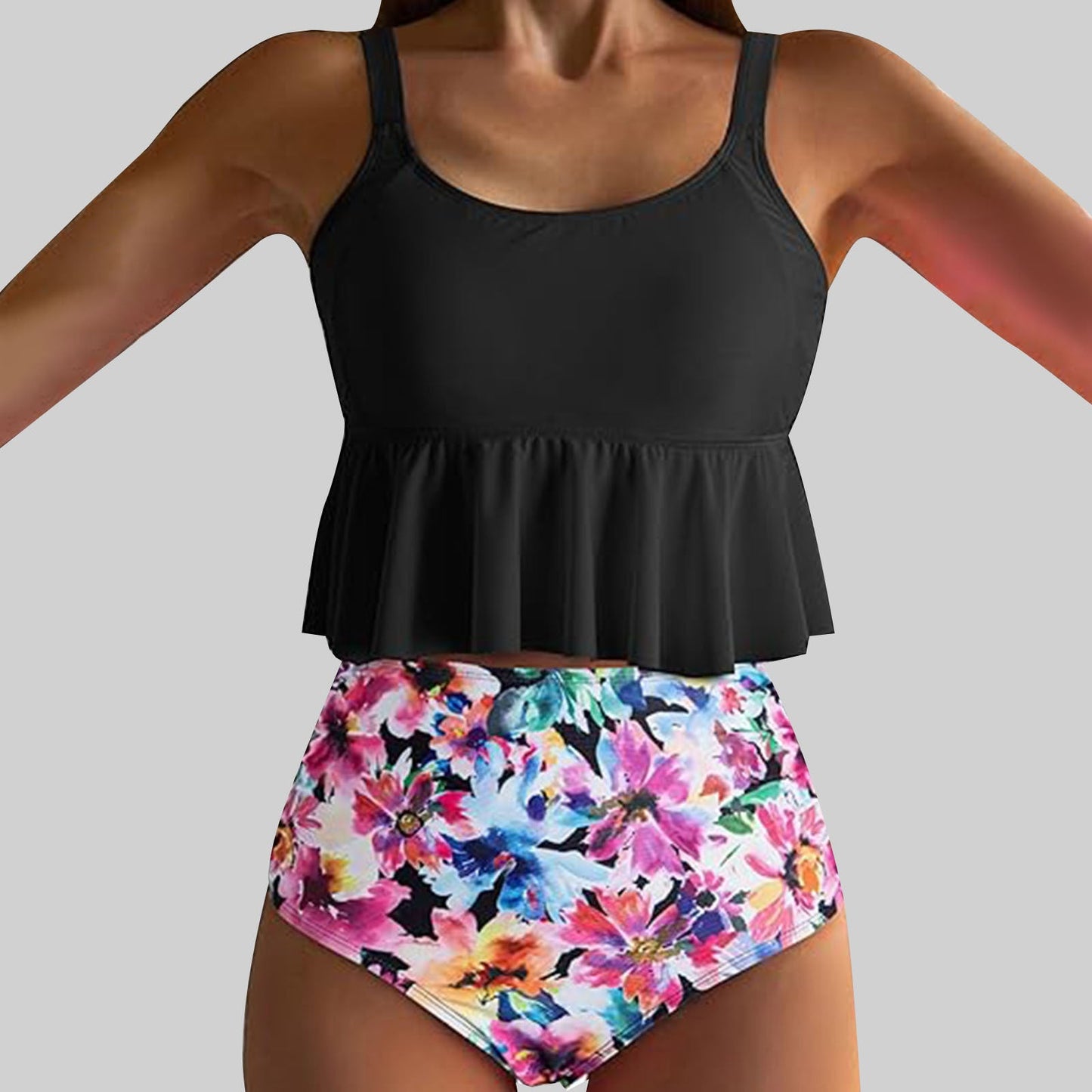 Feminint Badset med Lekfull Volangdesign och Hög Midja