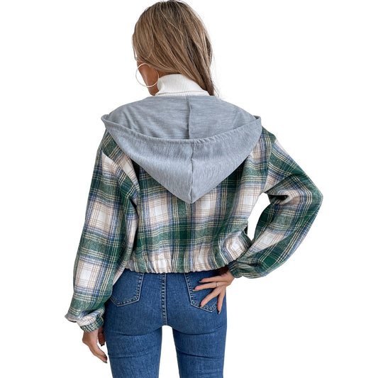 Stylish cropped flanneljakke med hætte og moderne tern