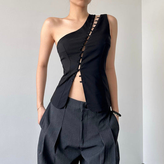 Asymmetrisk Blus med Knappdetaljer för Stilmedvetna