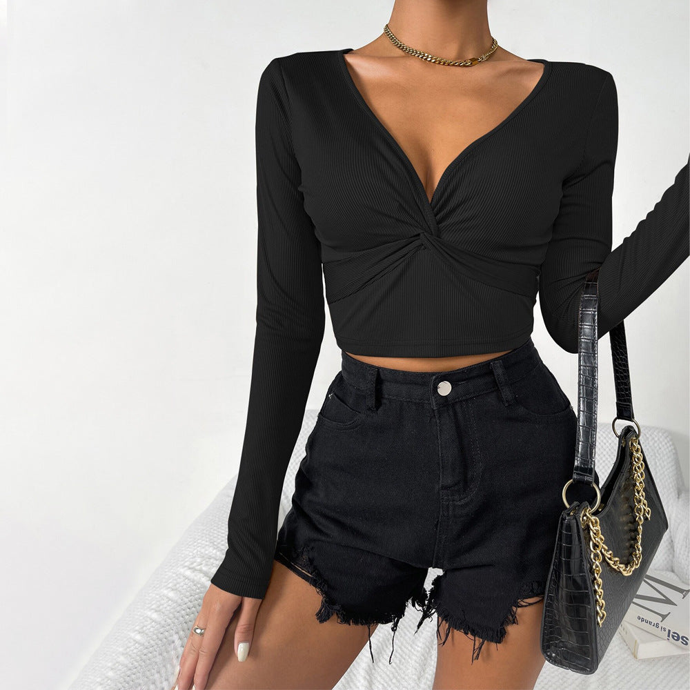 Chic croppad långärmad blus med modern knutdetalj