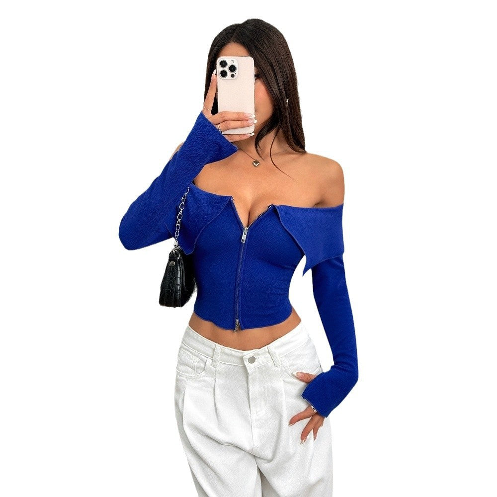 Moderne cropped top med asymmetrisk lynlås og off-shoulder design