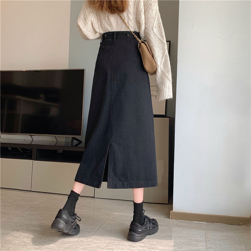 Stilfuld Midi-Denim Nederdel med Høj Talje
