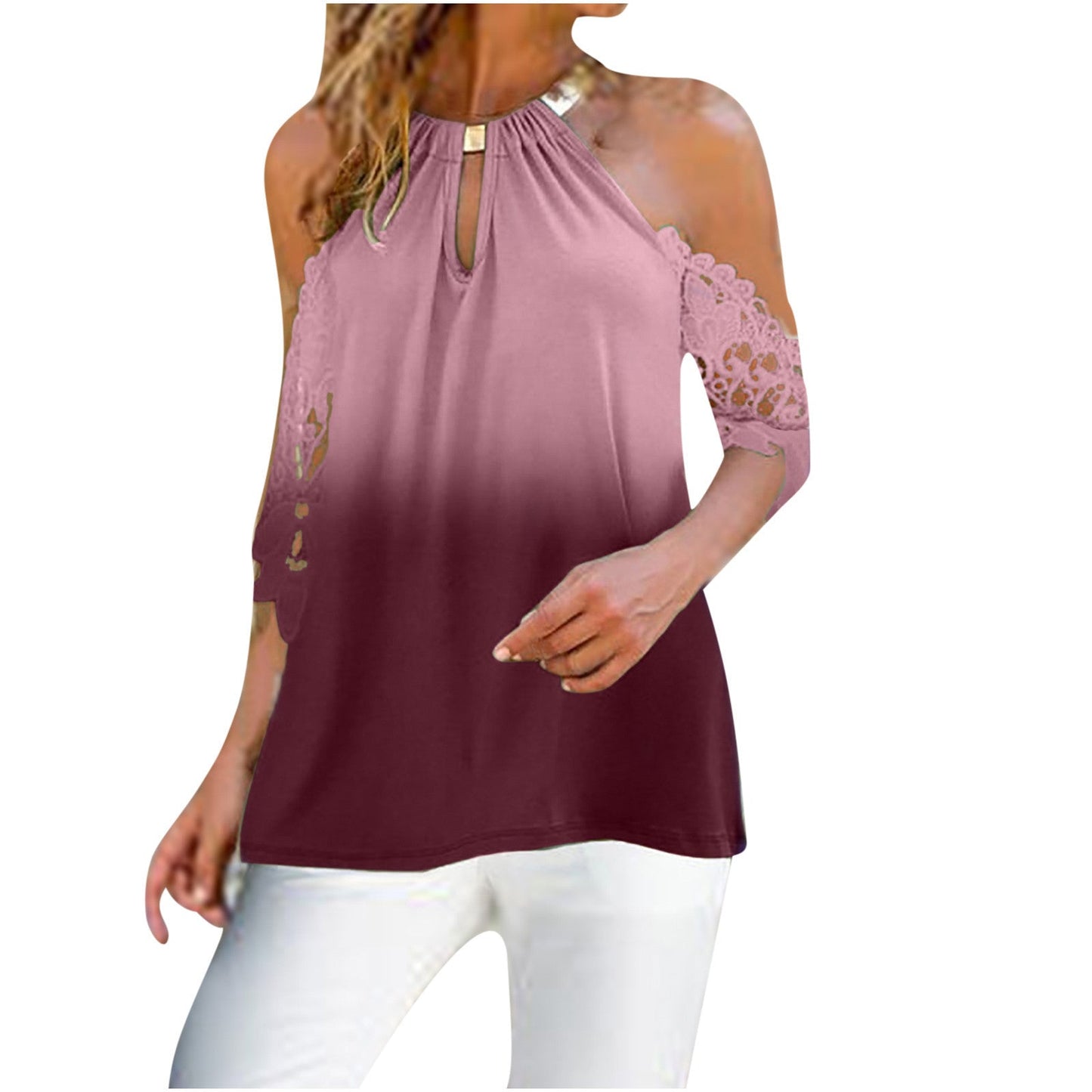 Elegant Bluse med Unikke Udsparinger og Delikat Blonde