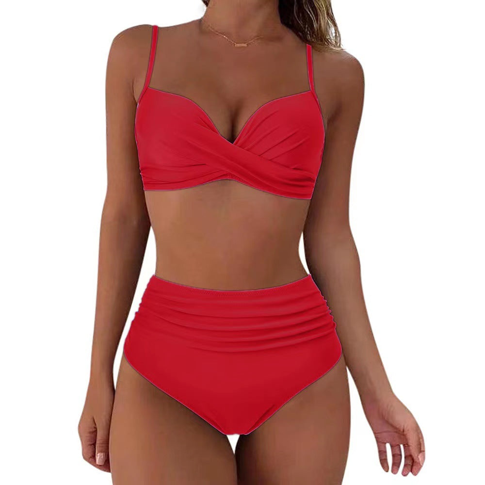 Högmidjad bikini-set för damer med mönster i tierdesign