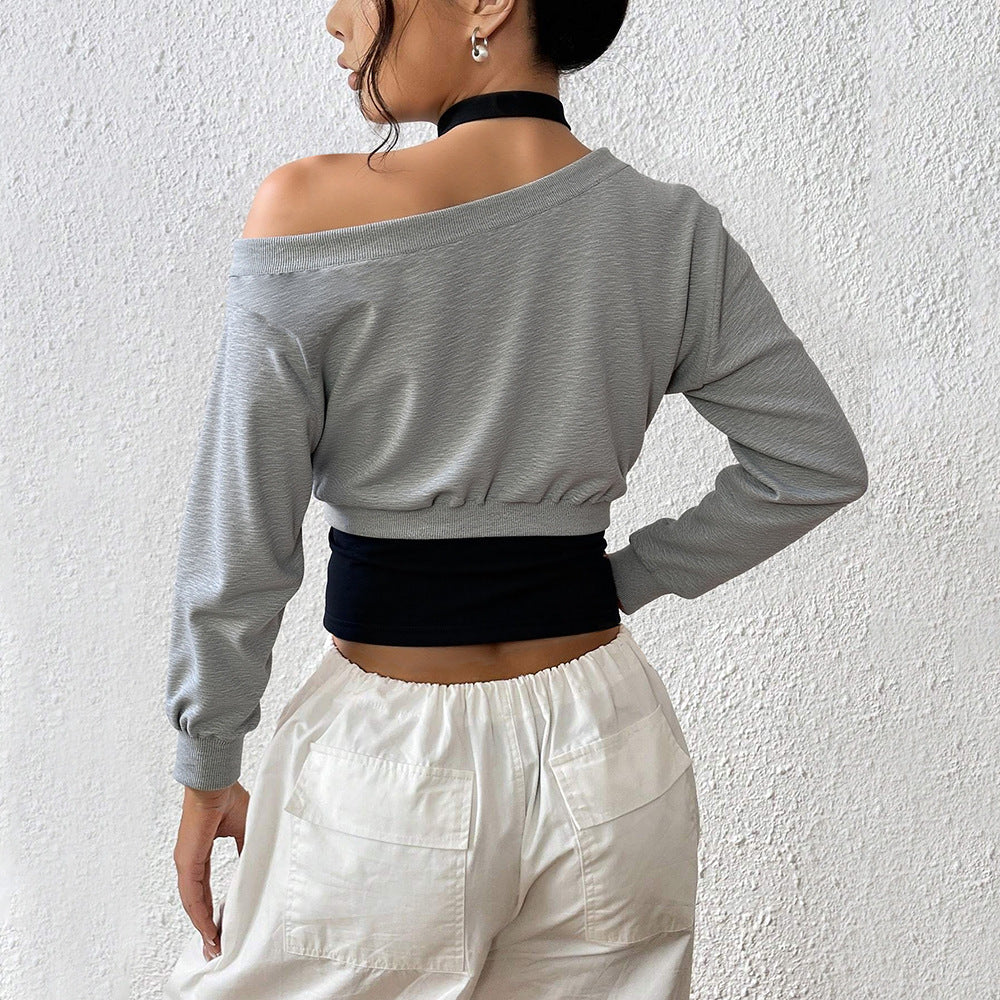 Moderne cropped sweatshirt med åbne skuldre og elastisk talje