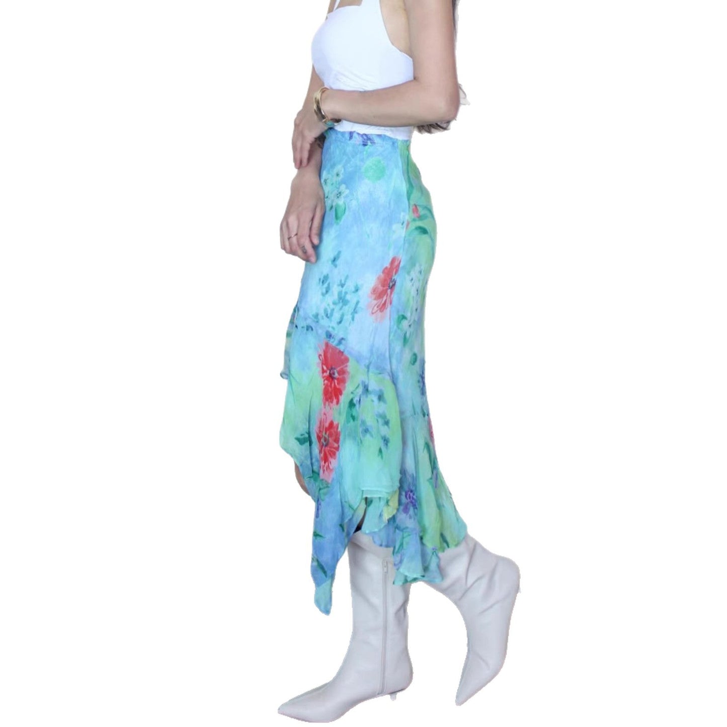 Asymmetrisk Volangkjol med Blommig Chiffon
