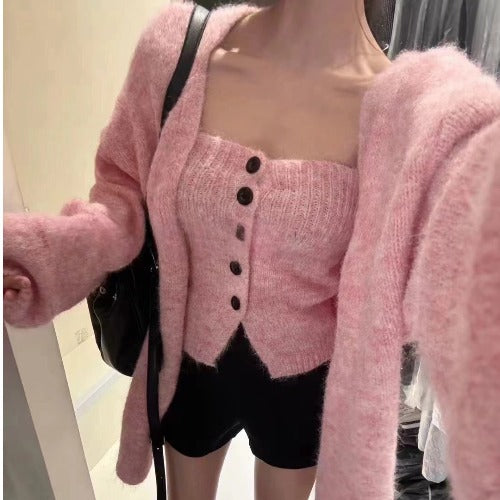 Elegant Cardigan med Åbne Front og Knapdetaljer